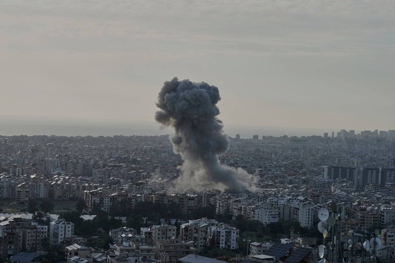 Smoke rises following an Israeli airstrike on Dahiyeh in the southern suburb of Beirut, Lebanon, Sunday, April 27, 2025. (AP Photo/Bilal Hussein)