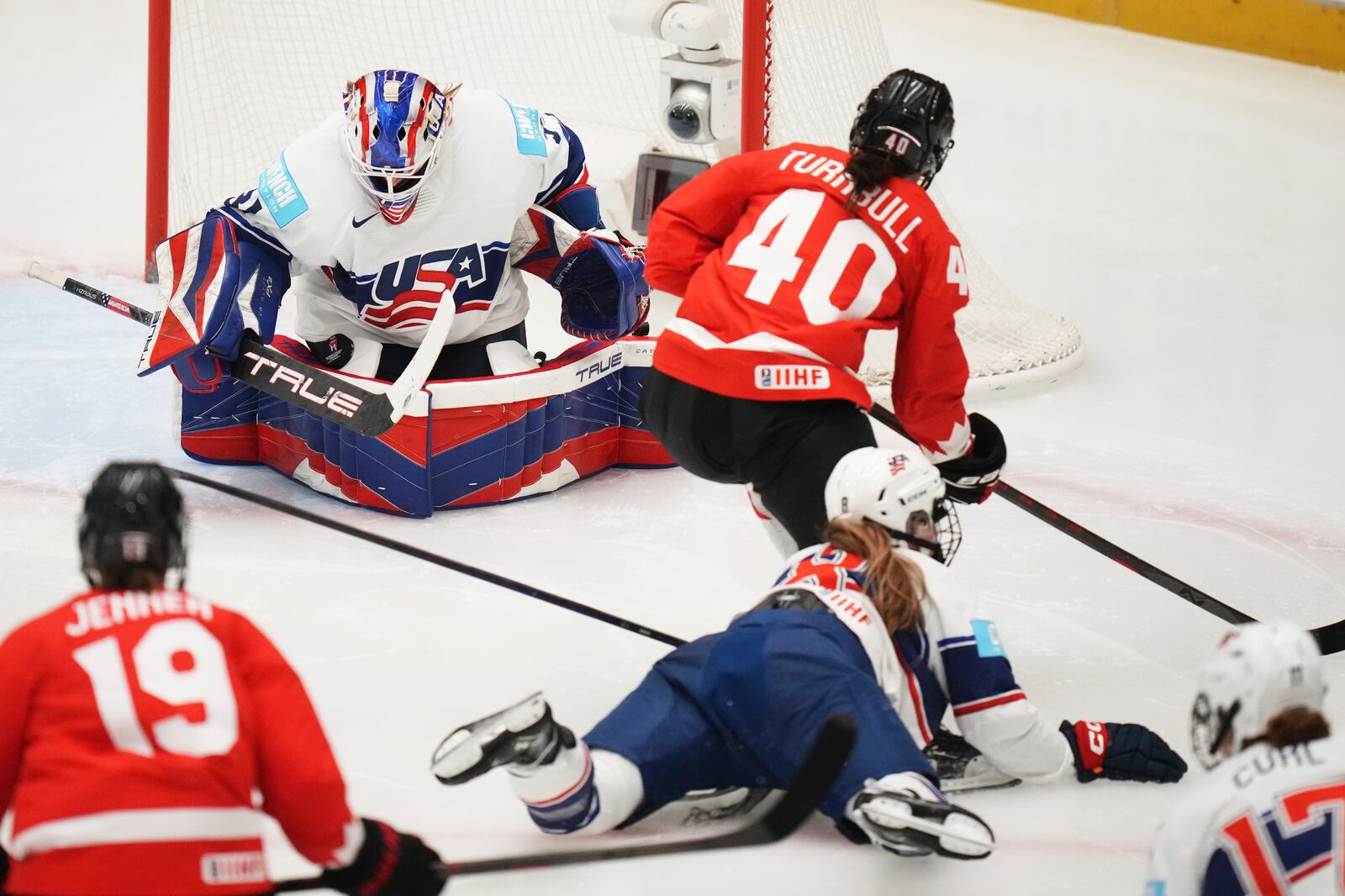 United States' Aerin Frankel makes a save during the group A match between United States and Canada at the Women's Ice Hockey Championships in Ceske Budejovice, Czech Republic, Sunday, April 13, 2025. (AP Photo/Petr David Josek)