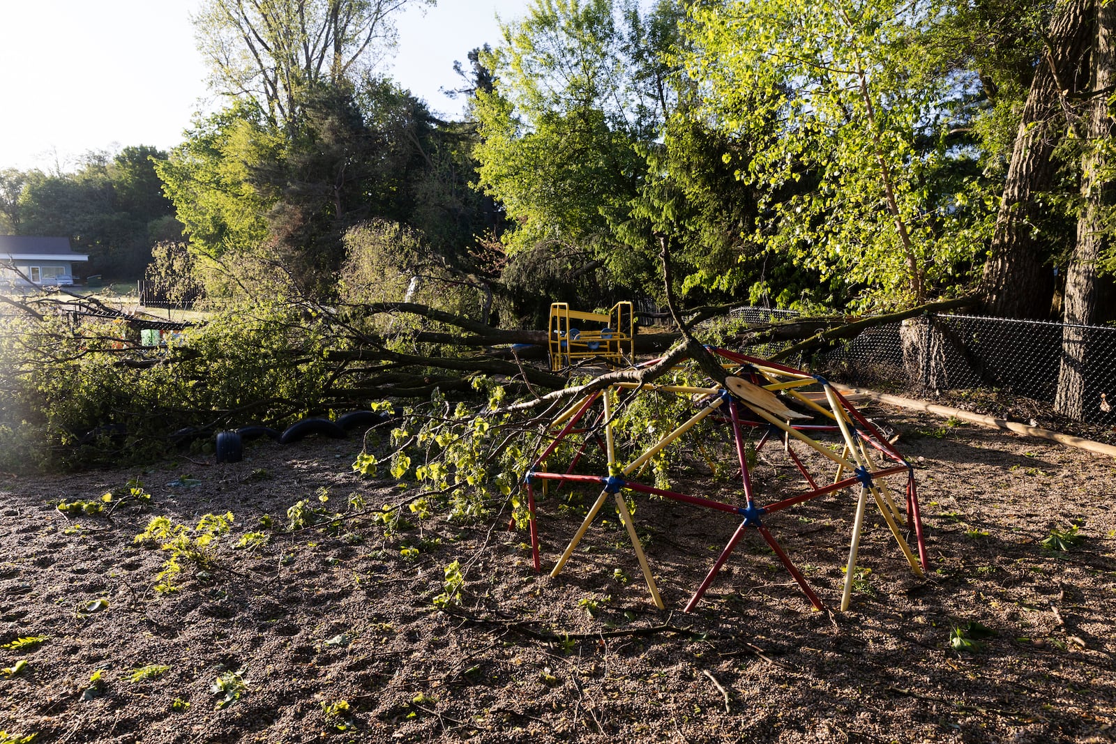 Trees lay in a playground in Dorr, Mich., after a severe storm ripped across Michigan the night before, on Friday, May 16. 2025. (Neil Blake /The Grand Rapids Press via AP)
