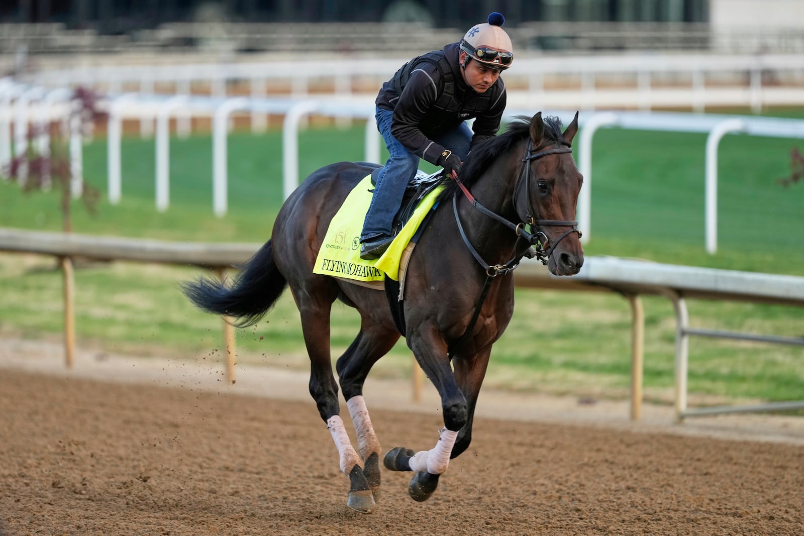 Kentucky Derby entrant Flying Mohawk works out at Churchill Downs Monday, April 28, 2025, in Louisville, Ky. (AP Photo/Charlie Riedel)