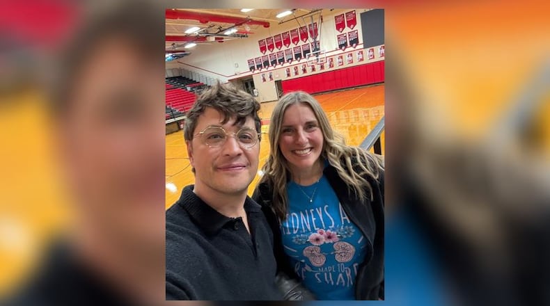 Patrick Stafford and Mandi McKinley have been friends since meeting in ninth grade at Tecumseh High School. Stafford, a Los Angeles-based actor, will receive his second kidney transplant courtesy of McKinley. This photo, taken in December 2025, features McKinley wearing a T-shirt that reads "Kidneys are made to be shared." CONTRIBUTED