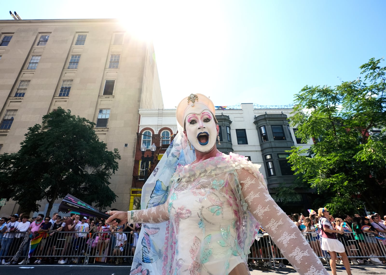 A person marches during the World Pride parade, Saturday, June 7, 2025, in Washington. (AP Photo/Alex Brandon)