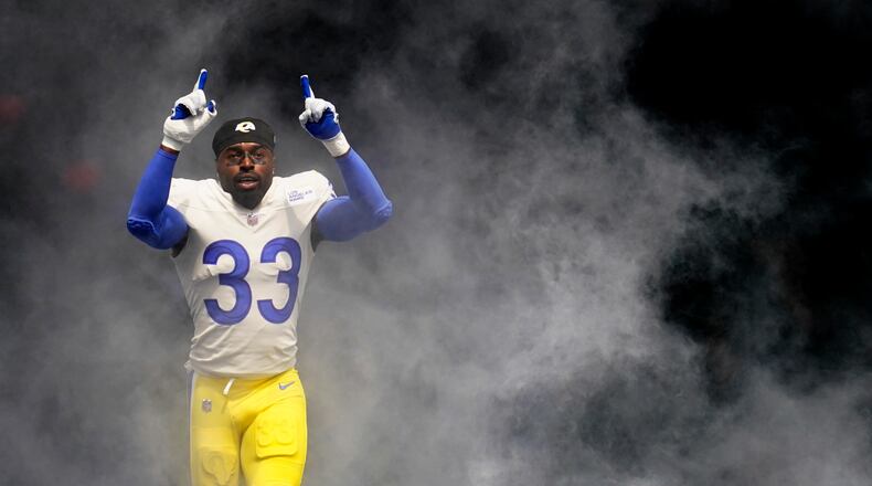 Los Angeles Rams safety Nick Scott takes the field before an NFL football game against the Atlanta Falcons Sunday, Sept. 18, 2022, in Inglewood, Calif. (AP Photo/Mark J. Terrill)