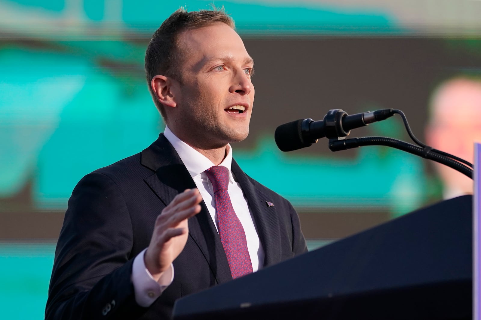 FILE - Republican U.S. Rep. Max Miller speaks before President Donald Trump at a rally in support of the campaign of Ohio Senate candidate JD Vance at Wright Bros. Aero Inc. at Dayton International Airport on Nov. 7, 2022, in Vandalia, Ohio. (AP Photo/Michael Conroy, File)