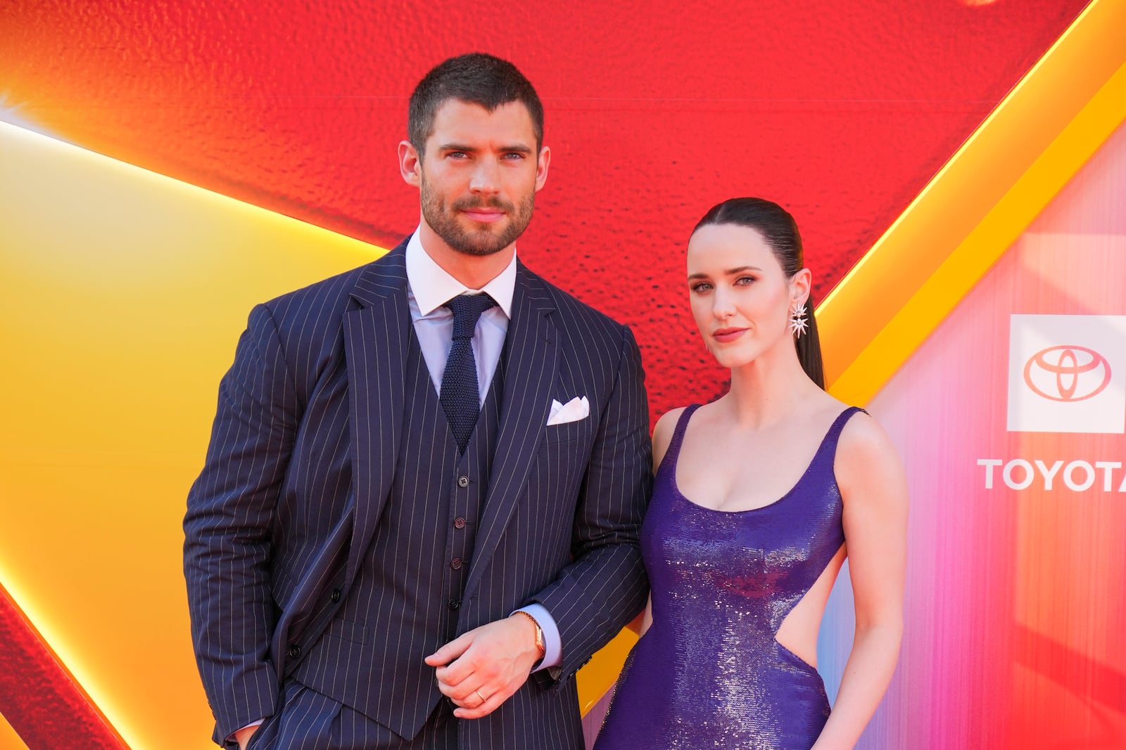 Rachel Brosnahan, left, and David Corenswet arrive at the premiere of "Superman" on Monday, July 7, 2025, at TCL Chinese Theatre in Los Angeles. (Photo by Jordan Strauss/Invision/AP)