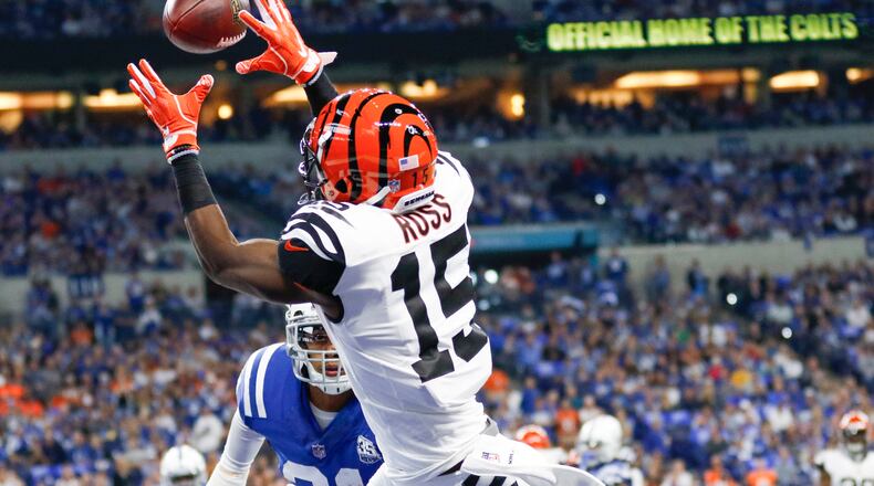 Cincinnati Bengals wide receiver John Ross (15) hauls in this touchdown pass in the second quarter against the Indianapolis Colts on Sunday, Sept. 9, 2018 at Lucas Oil Stadium in Indianapolis, Ind. (Sam Riche/TNS)