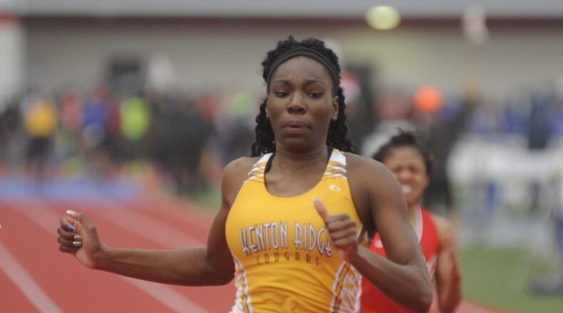 Kenton Ridge senior Jamari McDavid is competing in the 100, 200, 400 semifinals during the D-II regional track and field meet at Piqua’s Alexander Stadium on Thursday, May 25, 2017. MARC PENDLETON / STAFF