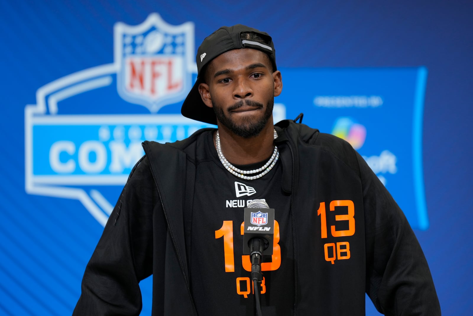 FILE - Colorado quarterback Shedeur Sanders speaks during a press conference at the NFL football scouting combine Friday, Feb. 28, 2025, in Indianapolis. (AP Photo/George Walker IV, File)