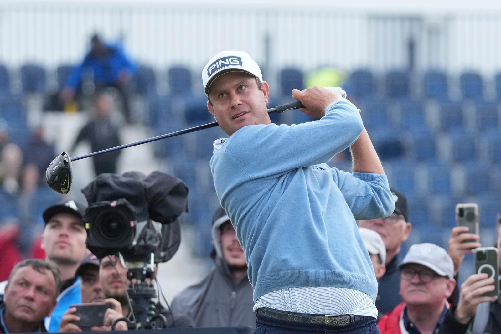 Harris English of the United States plays off the 13th hole during the first round of the British Open golf championship at the Royal Portrush Golf Club, Northern Ireland, Thursday, July 17, 2025. (AP Photo/Jon Super)