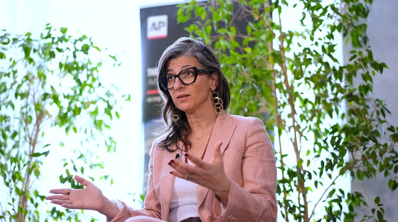 FILE - Francesca Albanese, the U.N. special rapporteur for the West Bank and Gaza, is interviewed by the Associated Press in Rome, July 29, 2025. (AP Photo/Gregorio Borgia, file)