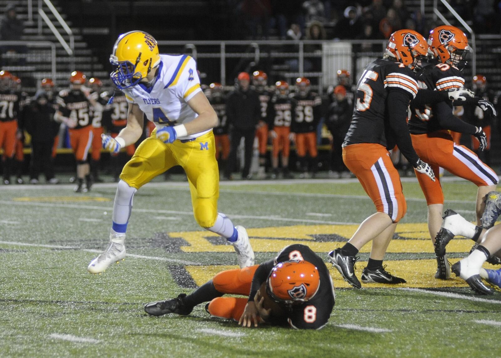 Marion Local’s Henry Keller celebrates a sack of Coldwater QB Sam Broering. Marion Local defeated Coldwater 33-0 in a D-VI, Region 24 high school football playoffs regional final at Sidney on Friday, Nov. 17, 2017. MARC PENDLETON / STAFF