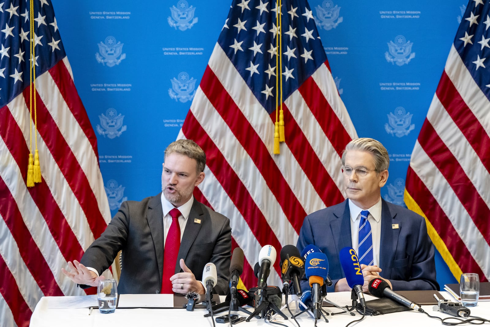 US Trade Representative Jamieson Greer, left, and US Secretary of the Treasury Scott Bessent take part in a press conference after two days of closed-door discussions on trade between the United States and China, in Geneva, Switzerland, Monday, May 12, 2025. (Jean-Christophe Bott/Keystone via AP)