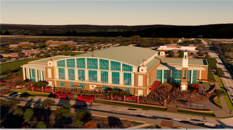 The status of a proposed $281 million sports arena on Miami University’s campus may be decided on Friday, said school officials, as Miami’s governing board of trustees are scheduled to vote on the project and its possible funding. Rendering shows aerial view looking east from central campus. (Provided)