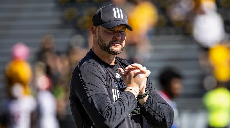 Indiana defensive coordinator and linebackers coach Bryant Haines, a Piqua High School graduate, is pictured before a game against Iowa on Sept. 27, 2025, at Kinnick Stadium in Iowa City, Iowa, Photo By Dani Meersman/Indiana Athletics
