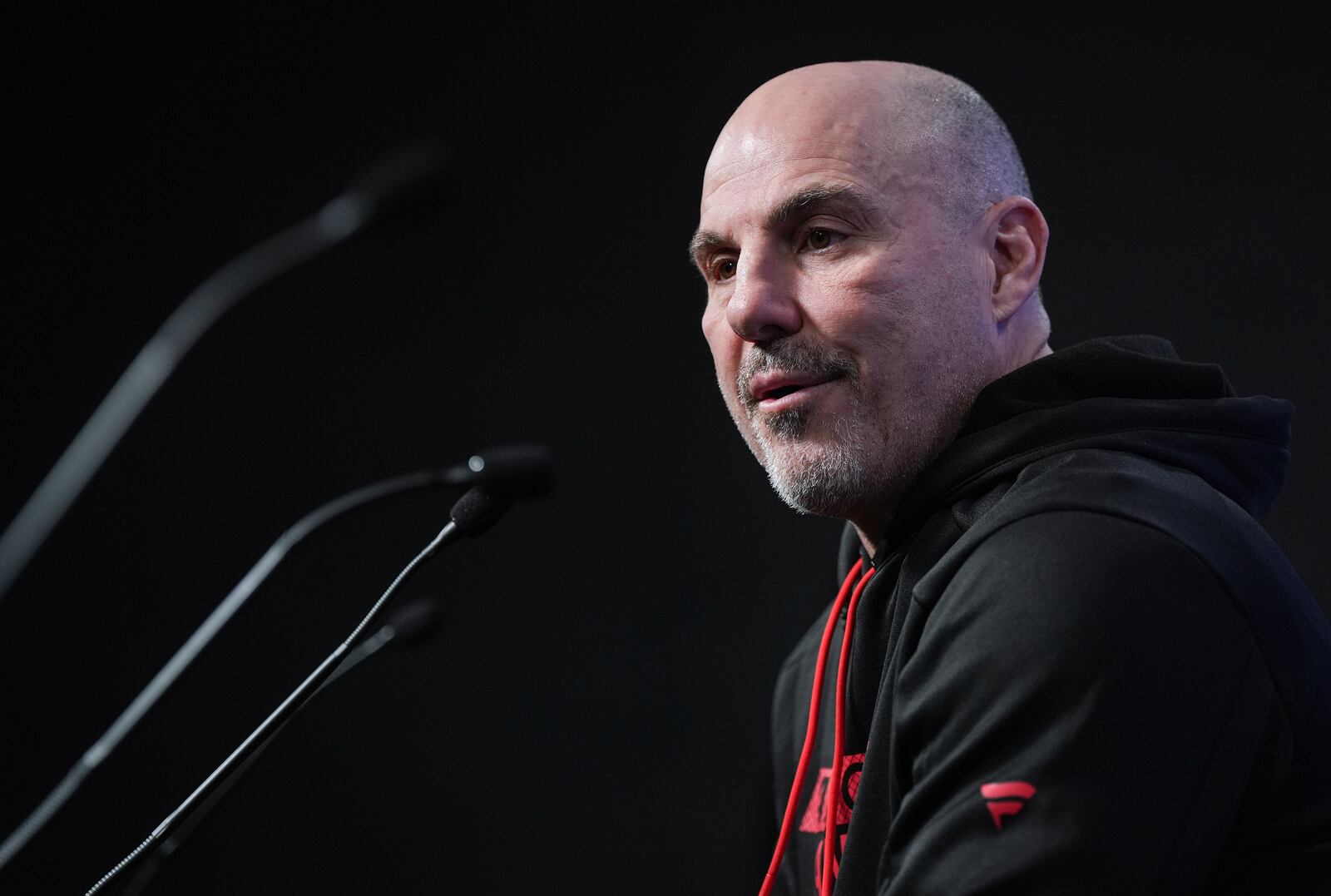 Vancouver Canucks head coach Rick Tocchet speaks during the NHL hockey team's end of season news conference, in Vancouver, B.C., Friday, April 18, 2025. (Darryl Dyck /The Canadian Press via AP)