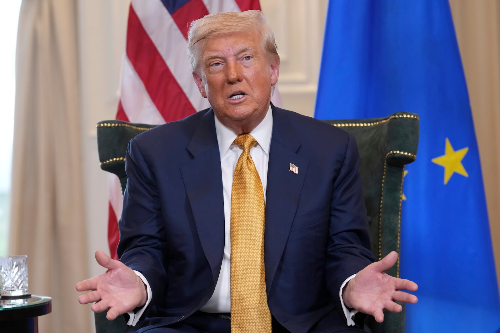 President Donald Trump gestures as he meets European Commission President Ursula von der Leyen at the Trump Turnberry golf course in Turnberry, Scotland Sunday, July 27, 2025. (AP Photo/Jacquelyn Martin)