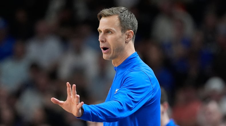 Duke head coach Jon Scheyer during the second half in the second round of the NCAA college basketball tournament, Saturday, March 21, 2026, in Greenville, S.C. (AP Photo/Brynn Anderson)