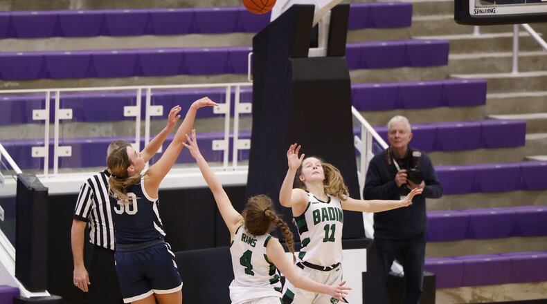 Valley View's Claire Henson puts up a shot defended by Badin's Lauren Grawe (4) and Jada Pohlen (11) during their Division II girls district basketball semifinal Thursday, Feb. 17, 2022 at Middletown High School. Badin defeated Valley View 49-47. NICK GRAHAM/STAFF