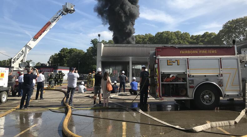 Underwriters Laboratories, a fire safety research group, has been conducting fire experiments in Fairborn since Sept. 13. The final experiment is on Thursday, a researcher said. Fire departments from all over the country have flocked to Fairborn to study fire and firefighter safety as part of the experiments. The fires were conducted in the old Skyway Shopping Plaza on Kauffman Avenue, which will be demolished after the study and become the city s new public works facility. CHUCK HAMLIN/STAFF Underwriters Laboratories, a fire safety research group, has been conducting fire experiments in Fairborn since Sept. 13. The final experiment is on Thursday, a researcher said. Fire departments from all over the country have flocked to Fairborn to study fire and firefighter safety as part of the experiments. The fires were conducted in the old Skyway Shopping Plaza on Kauffman Avenue, which will be demolished after the study and become the city s new public works facility. CHUCK HAMLIN/STAFF