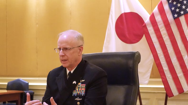 FILE - U.S. Chief of Naval Operations, Adm. Daryl Caudle, talks to selected journalists during his visit in Tokyo, Nov. 17, 2025. (AP Photo/Mari Yamaguchi, File)