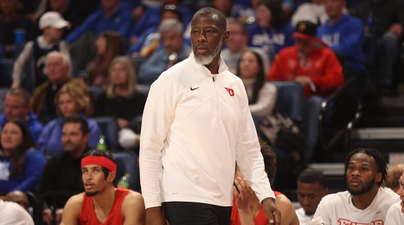Dayton's Anthony Grant coaches during a game against Saint Louis on Friday, March 3, 2023, at Chaifetz Arena in St. Louis, Mo. David Jablonski/Staff