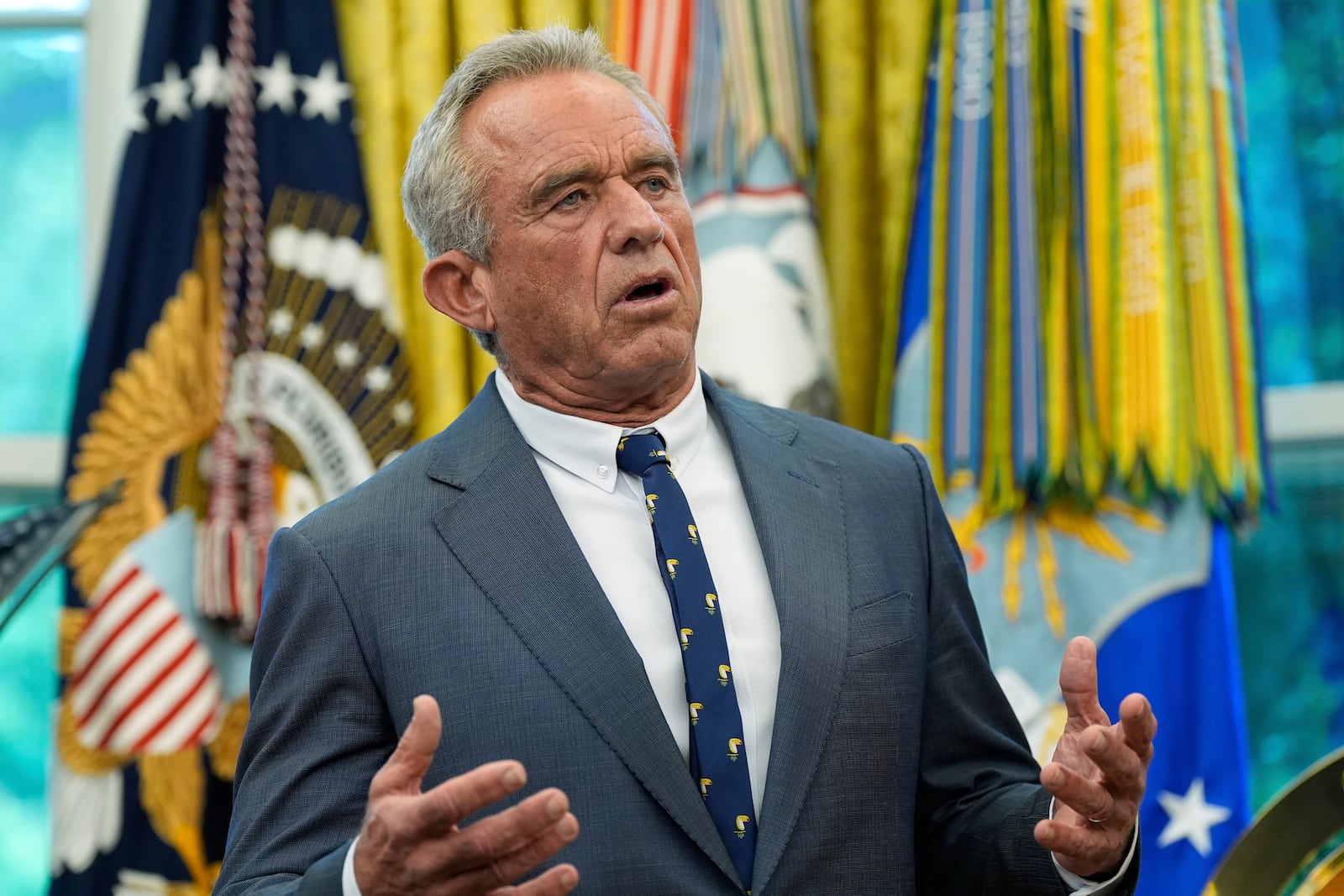 Health and Human Services Secretary Robert F. Kennedy Jr. speaks during an event with President Donald Trump to sign executive orders and proclamations in the Oval Office of the White House, Monday, May 5, 2025, in Washington. (AP Photo/Alex Brandon)