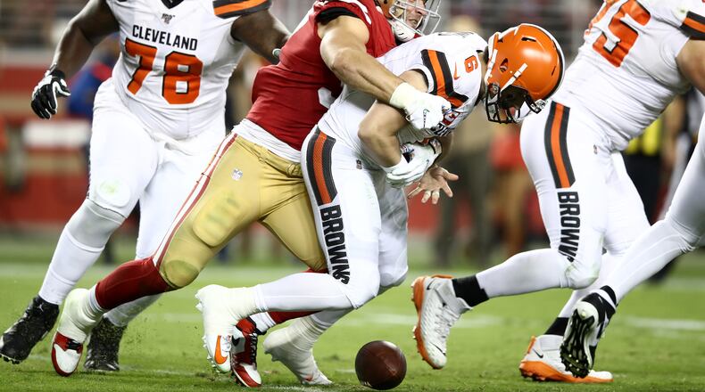 SANTA CLARA, CALIFORNIA - OCTOBER 07: Nick Bosa #97 of the San Francisco 49ers sacks Baker Mayfield #6 of the Cleveland Browns and forces a fumble at Levi's Stadium on October 07, 2019 in Santa Clara, California. (Photo by Ezra Shaw/Getty Images)