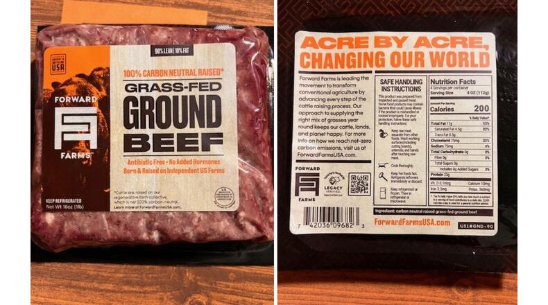 This combination of photos provided by the U.S. Department of Agriculture in December 2025 shows a 16-ounce package of Forward Farms Grass-Fed Ground Beef produced by Mountain West Food Group. (USDA via AP)