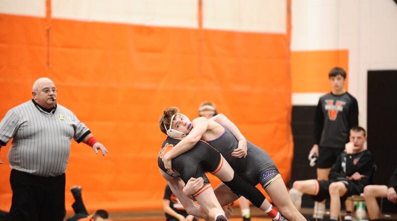 Mechanicsburg’s Westyn Moyer won the 138-pound class at the Ohio Heritage Conference meet to help the Indians win their 11th straight OHC championship. Greg Billing / Contributed