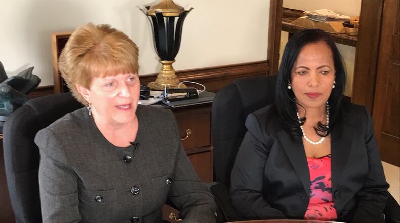 Dayton Public Schools Superintendent Elizabeth Lolli (left) and DPS Treasurer Hiwot Abraha talk about how a phishing scam fooled a payroll employee into changing Lolli’s direct deposit information.