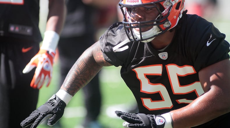 Cincinnati Bengals linebacker Vontaze Burfict works a drill during rookie minicamp at Paul Brown Stadium in Cincinnati.