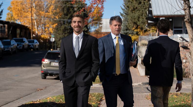 Michelino Sunseri, left, and his attorney Ed Bushnell walk toward the Clifford P. Hansen Courthouse Tuesday, Oct. 21, 2025, in Jackson, Wyo. (Kathryn Ziesig/Jackson Hole News & Guide via AP)