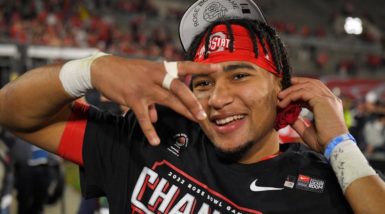 Ohio State quarterback C.J. Stroud celebrates after defeating Utah during the Rose Bowl NCAA college football game Saturday, Jan. 1, 2022, in Pasadena, Calif. (AP Photo/Mark J. Terrill