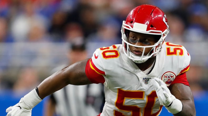 FILE - Kansas City Chiefs inside linebacker Darron Lee (50) plays against the Detroit Lions during an NFL football game in Detroit, Sept. 29, 2019. (AP Photo/Paul Sancya, File)