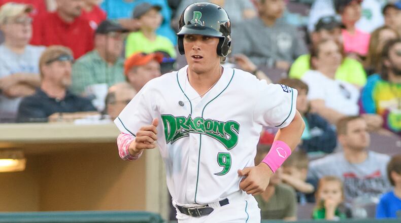 Tyler Stephenson runs to home plate during the third inning against Quad Cities on Saturday night at Fifth Third Field. Stephenson didn’t score in the third, but he drove in two runs and scored in the fifth. BRYANT BILLING / CONTRIBUTED