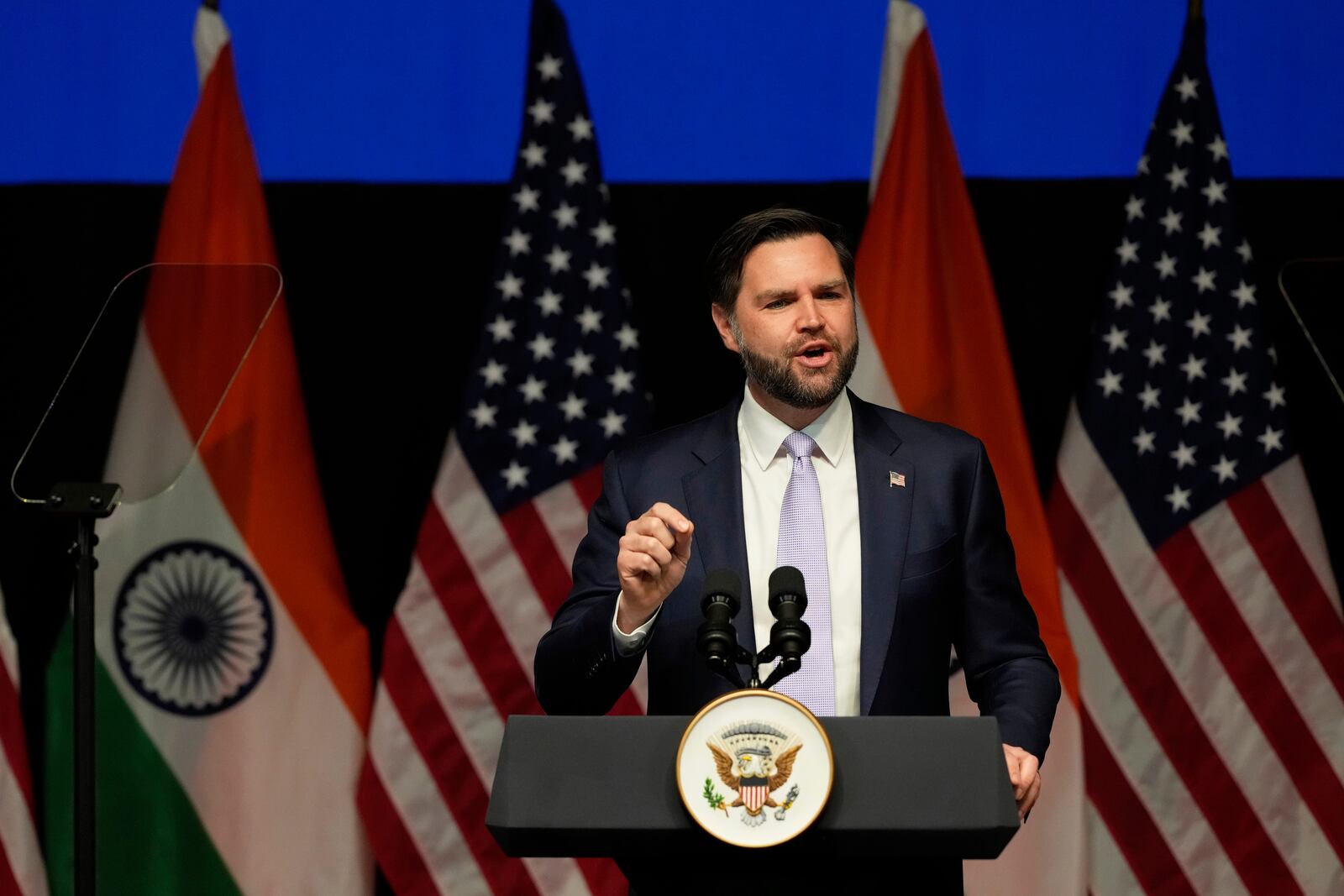 U.S. Vice President JD Vance speaks at the Rajasthan International Center in Jaipur, India, Tuesday, April 22, 2025. (AP Photo/Manish Swarup)