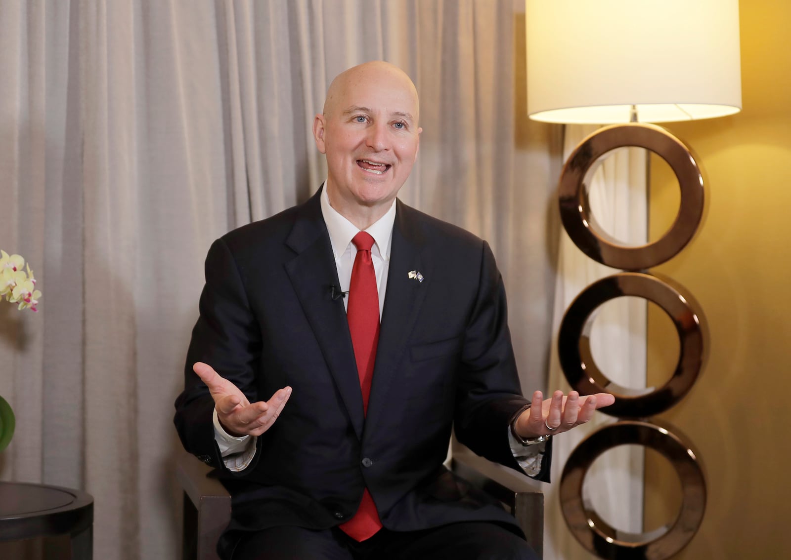 U.S. Senator Pete Ricketts is interviewed by the Associated Press in Taipei, Taiwan, Thursday, April 17, 2025. (AP Photo/Chiang Ying-ying)