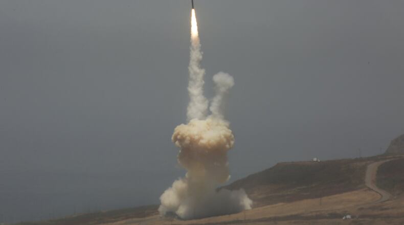 A ground-based interceptor missile is launched from Vandenberg Air Force Base, California, on Tuesday May 30, 2017. On the tip of the missile, the exo-atmospheric kill vehicle successfully intercepted and destroyed an intercontinental ballistic missile target launched from the South Pacific during a test of the Ground-based Midcourse Defense (GMD) element of the nation’s ballistic missile defense system. (Al Seib/Los Angeles Times/TNS)