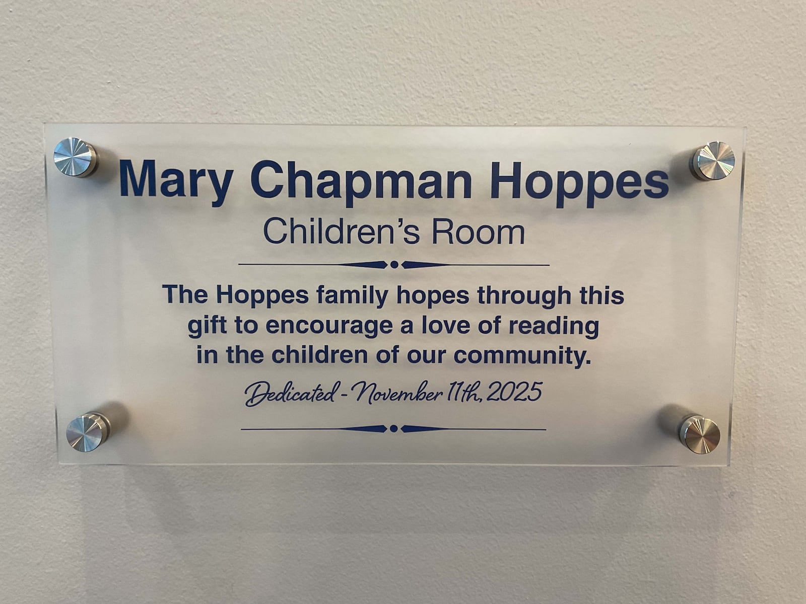 A plaque at the Northridge branch of the Clark County Public Library recognizing the children's area as the Mary C. Hoppes Children’s Library. CONTRIBUTED