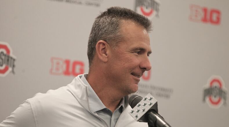 Ohio State’s Urban Meyer talks to reporters on Monday, Aug. 28, 2017, at the Woody Hayes Athletic Center in Columbus. David Jablonski/Staff