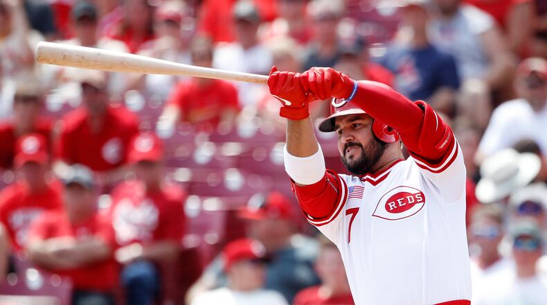 CINCINNATI, OH - AUGUST 18: Eugenio Suarez #7 of the Cincinnati Reds tries to check his swing while batting in the seventh inning against the St. Louis Cardinals at Great American Ball Park on August 18, 2019 in Cincinnati, Ohio. The Cardinals defeated the Reds 5-4. (Photo by Joe Robbins/Getty Images)
