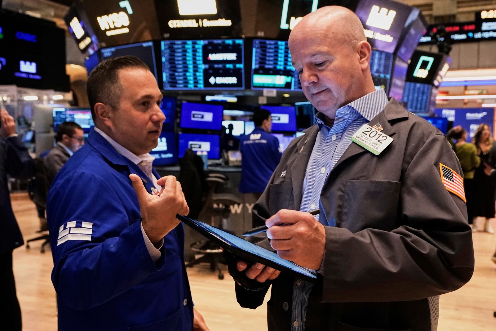 Specialist Gennaro Saporito, left, and trader Patrick Casey work on the floor of the New York Stock Exchange, Thursday, May 29, 2025. (AP Photo/Richard Drew)