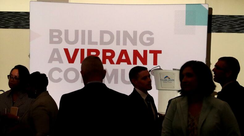 Members of The Chamber of Greater Springfield mingle in the main hall of the Hollenbeck Bayley Conference Center before the Chamber’s annual meeting in 2019. BILL LACKEY/STAFF