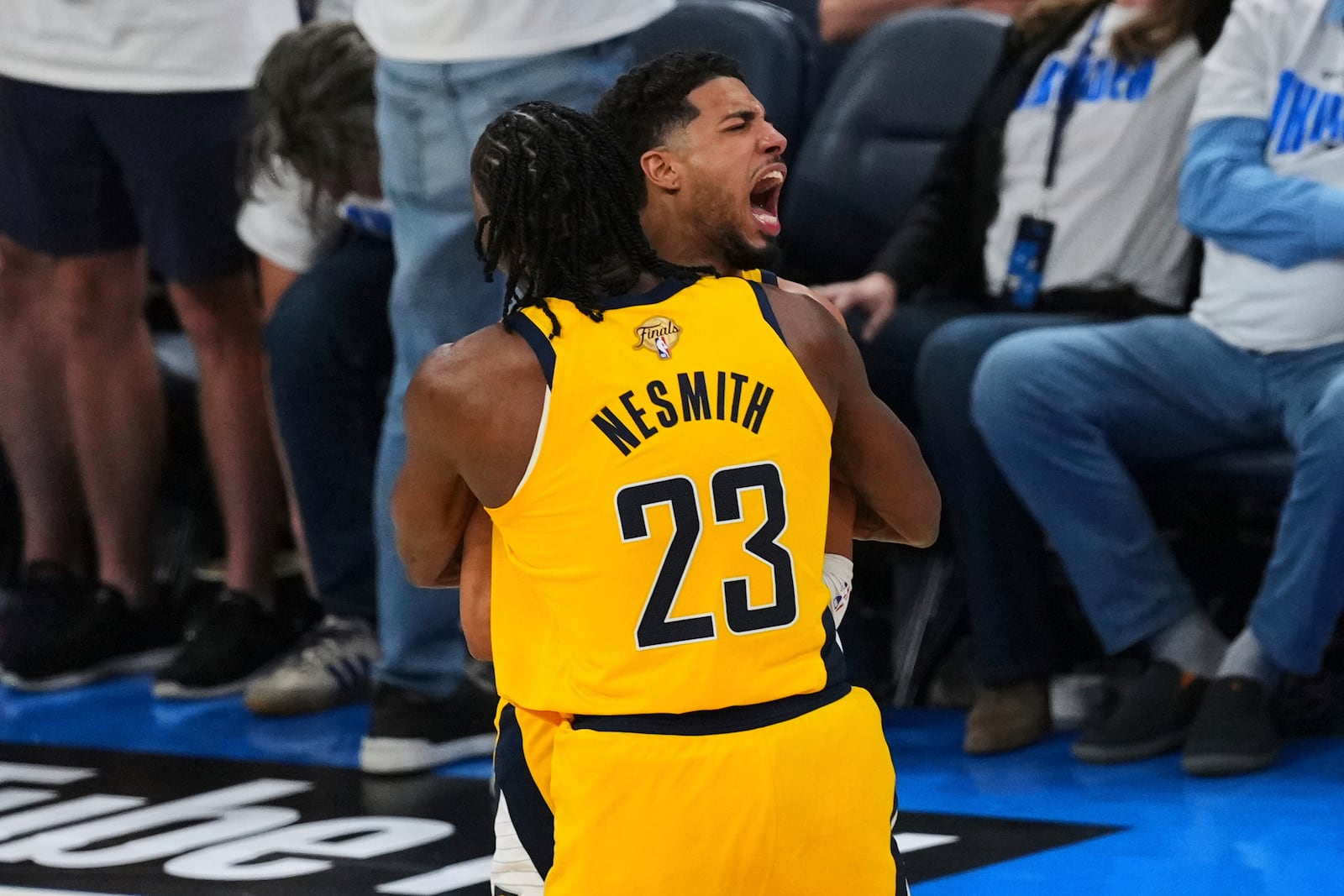 during the second half of Game 1 of the NBA Finals basketball series Thursday, June 5, 2025, in Oklahoma City. (AP Photo/Nate Billings)
