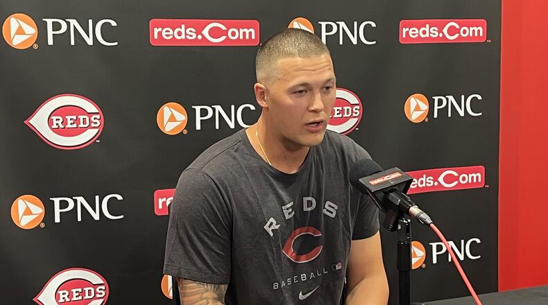 Nick Senzel, of the Reds, talks to reporters before a game against the Phillies on Thursday, April 13, 2023, at Great American Ball Park in Cincinnati. David Jablonski/Staff
