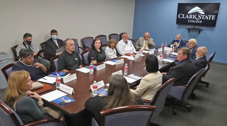 Clark State has received over $100K in funds to help with manufacturing programs. Here, Governor Mike DeWine met with Clark State College officials as well as students and members of the manufacturing community following a tour of the College's Advanced Manufacturing Lab last month. BILL LACKEY/STAFF