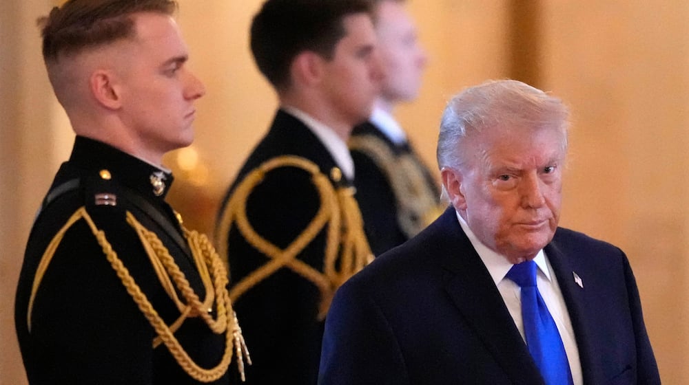President Donald Trump arrives for an event to proclaim "Angel Family Day" in the East Room of the White House, Monday, Feb. 23, 2026, in Washington. (AP Photo/Alex Brandon)