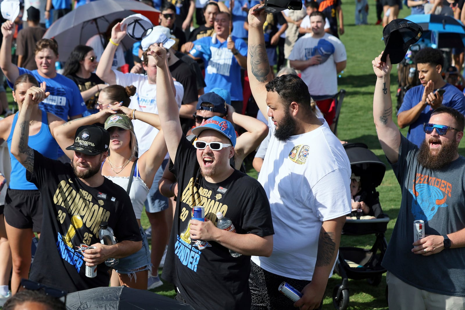 Fans cheers during a celebration of the Oklahoma City Thunder's NBA basketball championship Tuesday, June 24, 2025, in Oklahoma City. (AP Photo/Nate Billings)