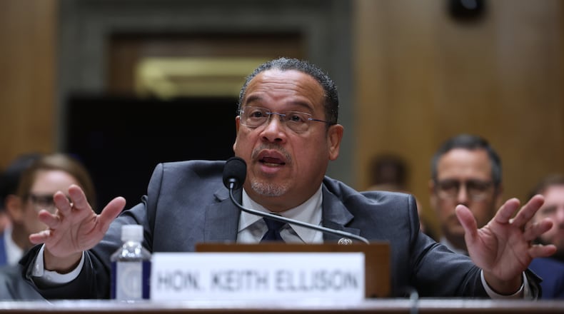 Minnesota Attorney General Keith Ellison speaks during a Senate Homeland Committee hearing on Capitol Hill in Washington, Thursday, Feb. 12, 2026, in Washington. (AP Photo/Tom Brenner)