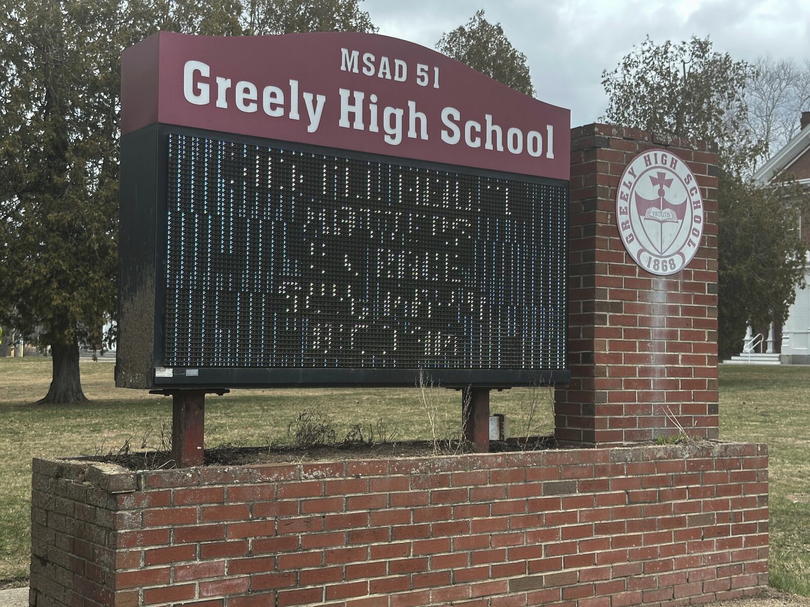 This Wednesday, April 16, 2025 photo shows Greely High School in Cumberland, Maine. (AP Photo/Patrick Whittle)